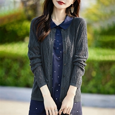 2025新款圆领镂空针织开衫女薄款防晒空调罩衫短外套长袖外搭上衣，女装针织衫/毛衣，暖烁羊绒