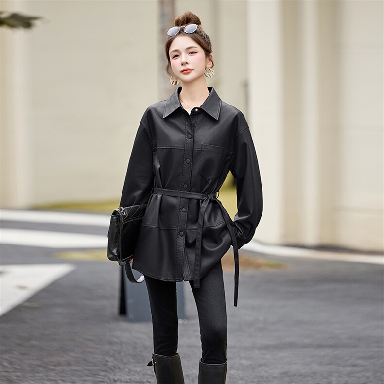 2025春秋女士新款中长款时尚简约韩版宽松复古长袖皮衣风衣外套,女装皮衣,潮流依族