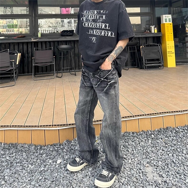 美式潮牌闪电爆裂纹猫须牛仔裤男高街休闲百搭黑色长裤XX0814,男装牛仔裤,星座208-5