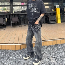 美式潮牌闪电爆裂纹猫须牛仔裤男高街休闲百搭黑色长裤XX0814，男装牛仔裤，星座208-5