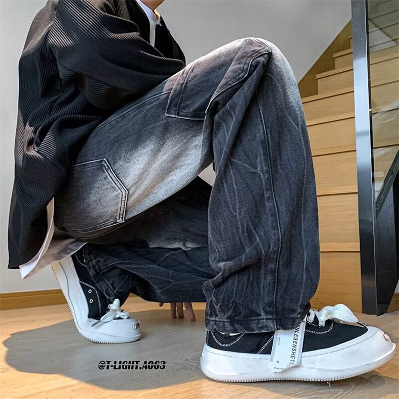 拉链牛仔裤男春秋美式复古做旧微喇裤子拼接设计感直筒裤NZA221,男装牛仔裤,星座516A