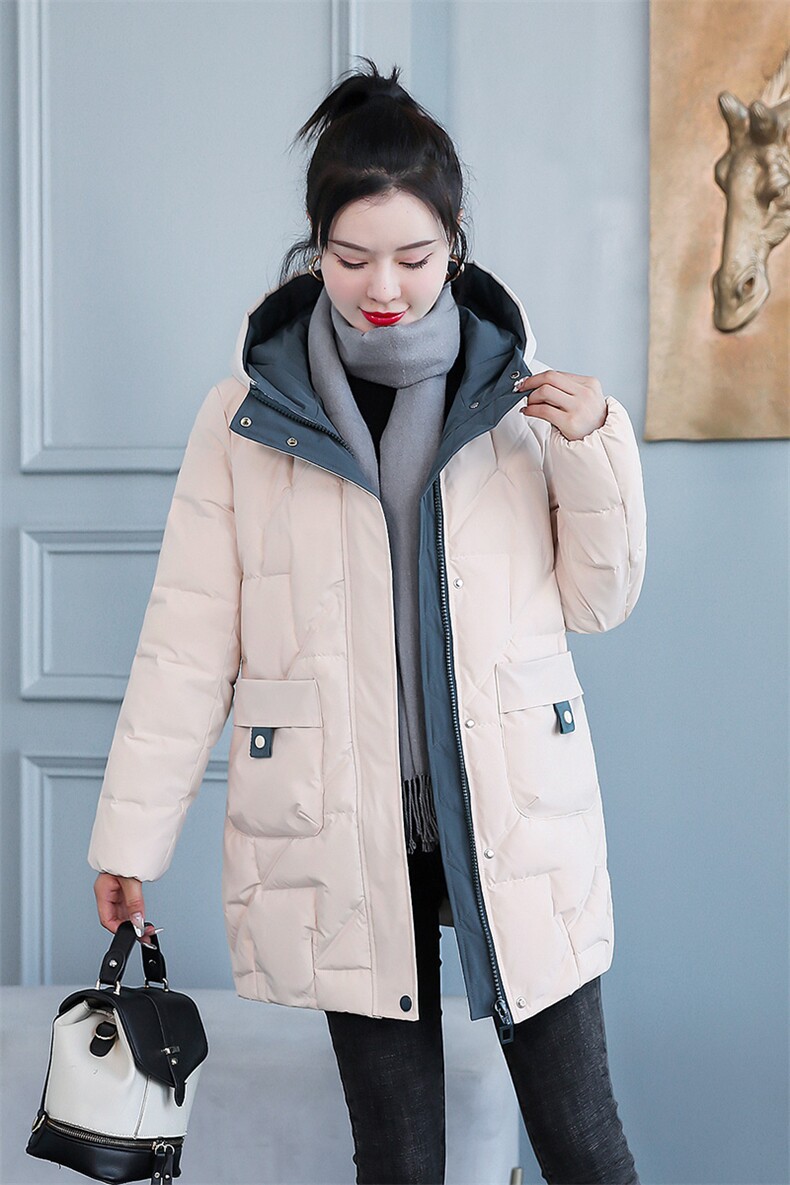 加厚羽绒棉服女中长款冬季2024新款宽松休闲连帽女士时尚棉袄外套，女装棉衣/棉服，牡丹诺