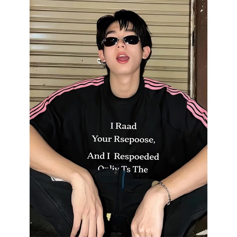 抖音得物品质二开240克宽松纯棉美式潮牌印花三条杠中性风短袖T恤，男装T恤，电商A486-1