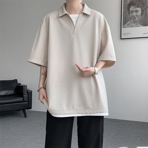 8XL-M假两件V领短袖t恤男夏翻领半袖宽松重磅华夫格大码DT001P40图片