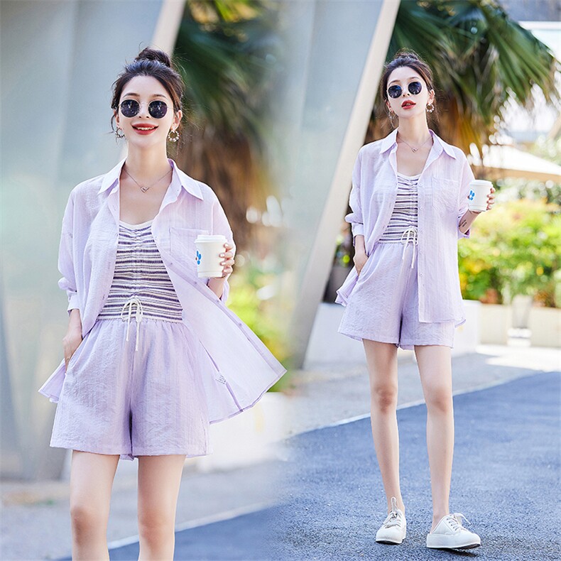 时尚防晒服套装女夏季新款显瘦针织吊带三件套,女装套装/套裙,鑫慧