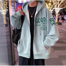 H190P70加绒75港风潮小熊拉链开衫卫衣古宽松休闲连帽外套，女装短外套，星座304A-1