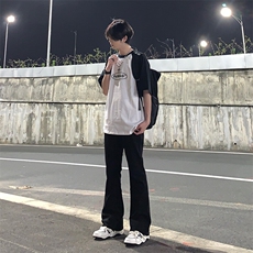 美式hiphop裤子高街vibe弹力黑色牛仔裤修身直筒微喇叭痞帅工装裤，男装牛仔裤，星座310A-4