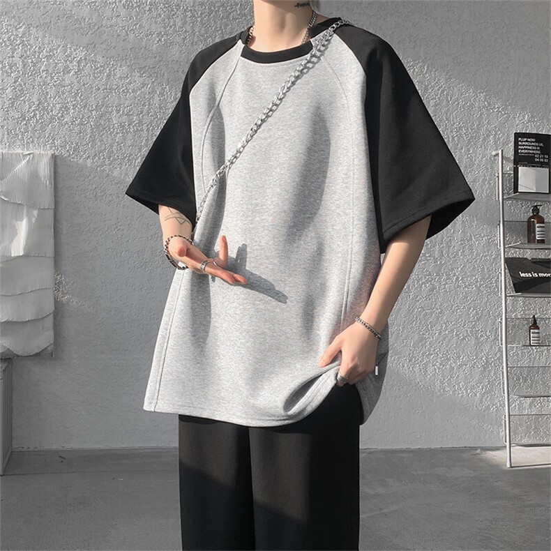 T296-P30控58280克夏季不规则领撞色插肩T恤男宽松潮流短袖,男装T恤,电商A058-1（原电商C417）