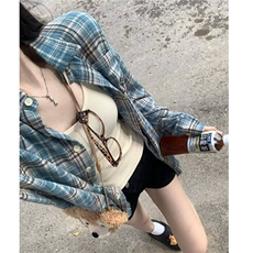 美式复古流苏破坏蓝色格子衬衫春秋潮牌小众毛边设计男女衬衣外套，男装衬衫，星座506A