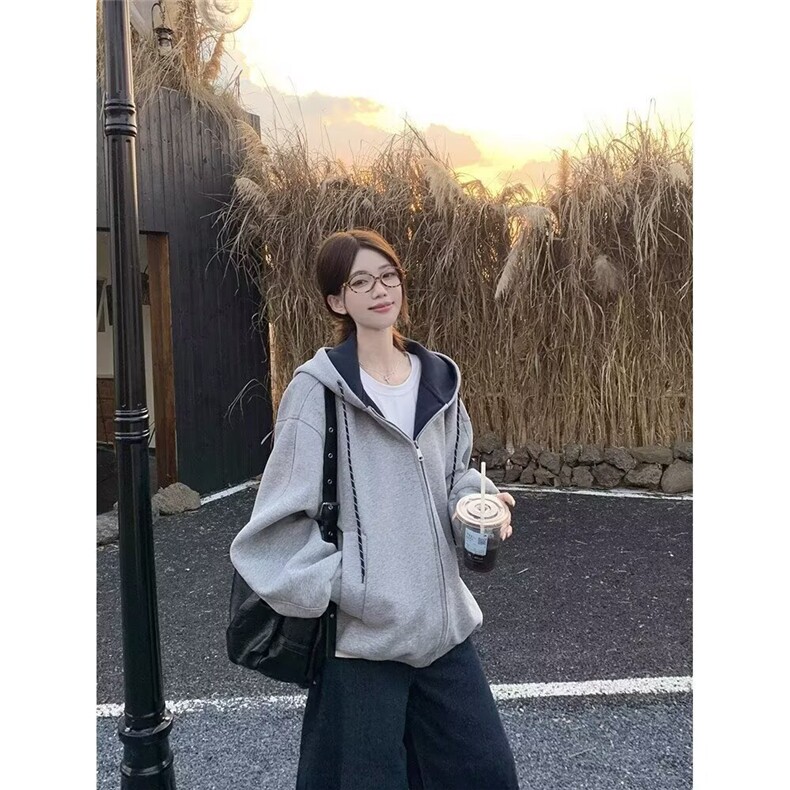 QC1009-P54连帽开衫卫衣夹克男女春秋季美式复古简约廓形休闲,男装夹克,电商B323A
