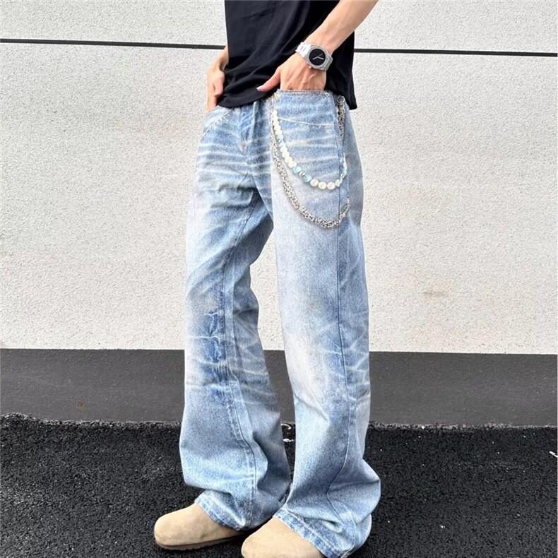 美式复古高街牛仔裤男2025新款高腰显瘦直筒宽松阔腿裤NA6087-P57图片
