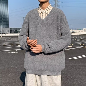 慵懒风V领套头针织衫男秋冬季复古纯色宽松休闲毛线衣 M7358图片