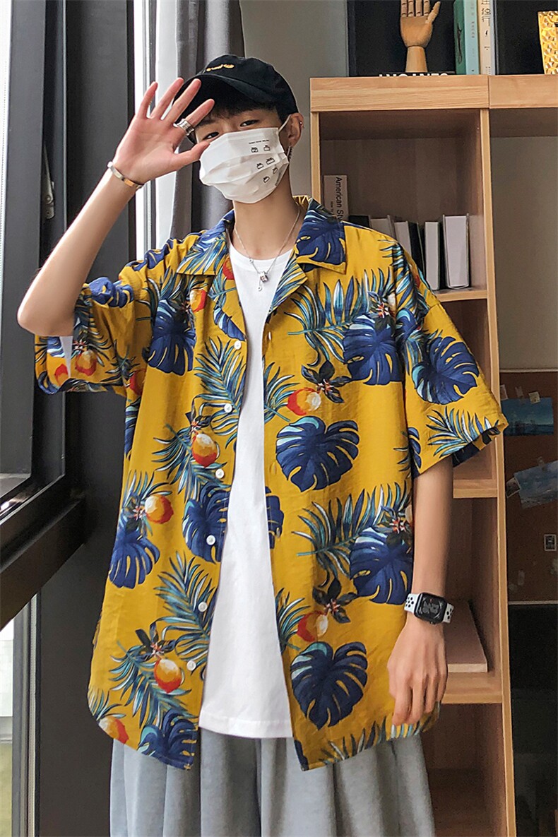 21年夏季短袖衬衫男宽松落肩港风西装领衬衫男DS-C407-CS303-P35,男装衬衫,电商C323-1