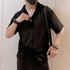 8951/P48控68夏季小伙痞帅镂空薄款V领透气t恤短袖男款上衣黑首3，男装T恤，星座305B