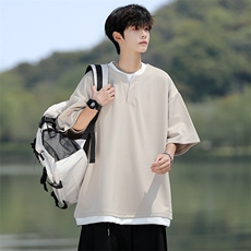 8XL-M重磅斜纹假两件短袖t恤男夏季薄款宽松大码半袖体恤DT006P45，男装T恤，电商B312