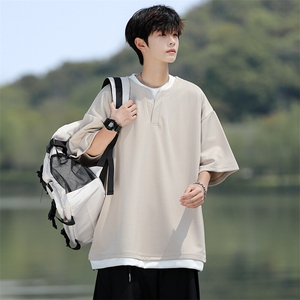 8XL-M重磅斜纹假两件短袖t恤男夏季薄款宽松大码半袖体恤DT006P45图片