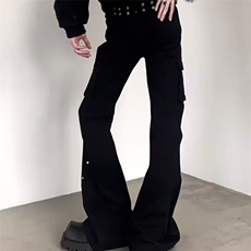 潮流工装复古绑带设计微喇叭机能美式黑色牛仔裤男女高街裤子，男装牛仔裤，星座1210-1