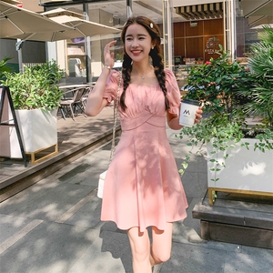 夏季新款小个子法式精致显瘦粉色泡泡袖连衣裙女182-8390P95K148图片