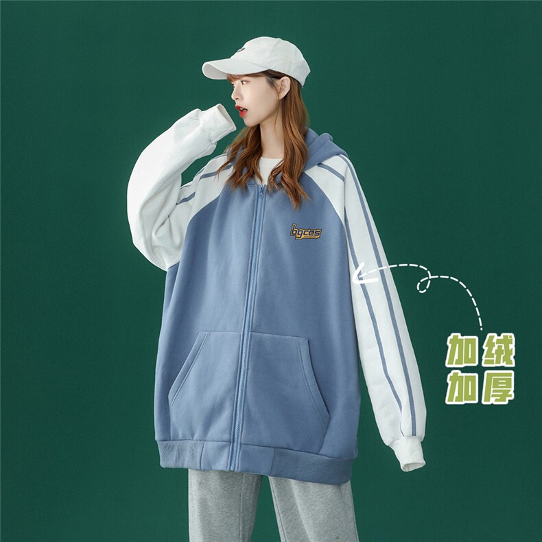 中性 秋季潮流字母印花宽松拼接开衫卫衣 B102JR  P65控88加绒P75图片