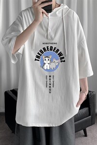 LD54160-P45 连帽短袖t恤男大码胖子带帽五分袖中袖图片