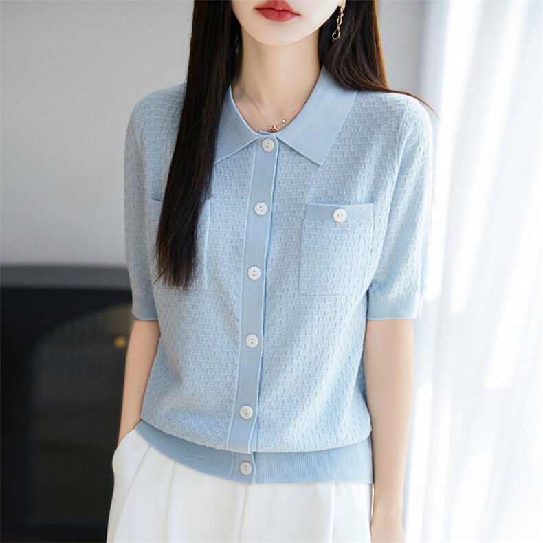 2025春夏新款娃娃领系扣纯色短袖开衫女简约气质亲肤百搭半袖小衫,针织衫/毛衣,暖烁特种纱工厂店