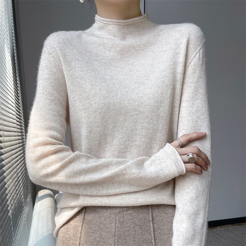 2024年秋冬新款时尚简约半高领卷边气质长袖纯色女，女装羊毛衫，更慕羊绒