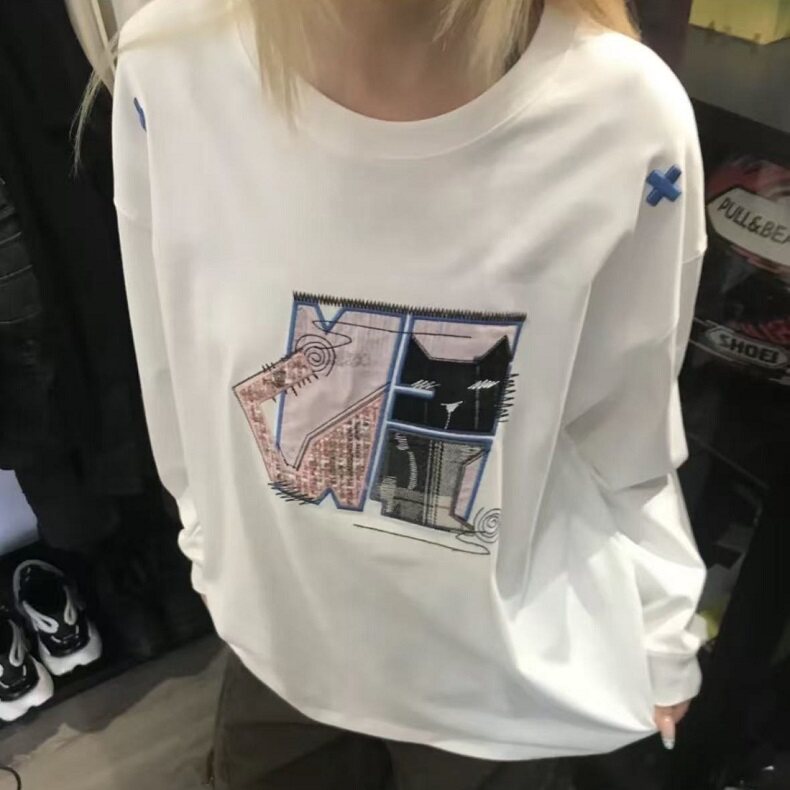 高街刺绣贴布白色长袖t恤女夏季2025慵懒风小众宽松上衣W1093，男装T恤，星座1116A（原606A-3）