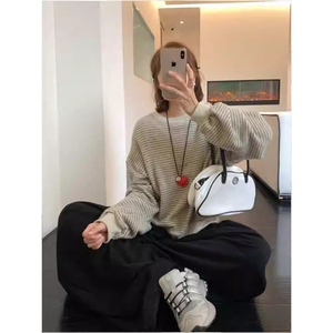 韩系慵懒条纹圆领卫衣女秋季新款设计感宽松显瘦百搭休闲长袖上衣图片