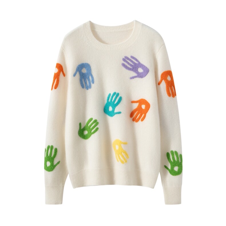 2025秋冬新款羊绒衫女100%纯羊绒圆领减龄休闲针织套衫毛巾绣上衣，女装羊绒衫，戎美山