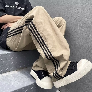 直筒速干运动冲锋裤男款夏季复古三条杠条纹裤子 K5004图片