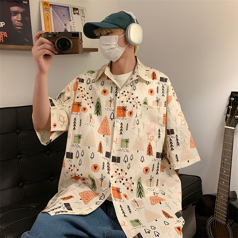 夏宽松美式复古趣味卡通满印短袖衬衫情侣XZ225-3-CS05-P35控45图片