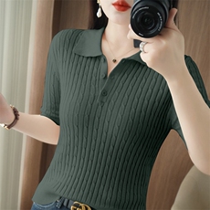 复古风POLO领纯棉针织短袖女25年夏薄款棉麻半袖T恤修身显瘦上衣，女装T恤，品高羊绒