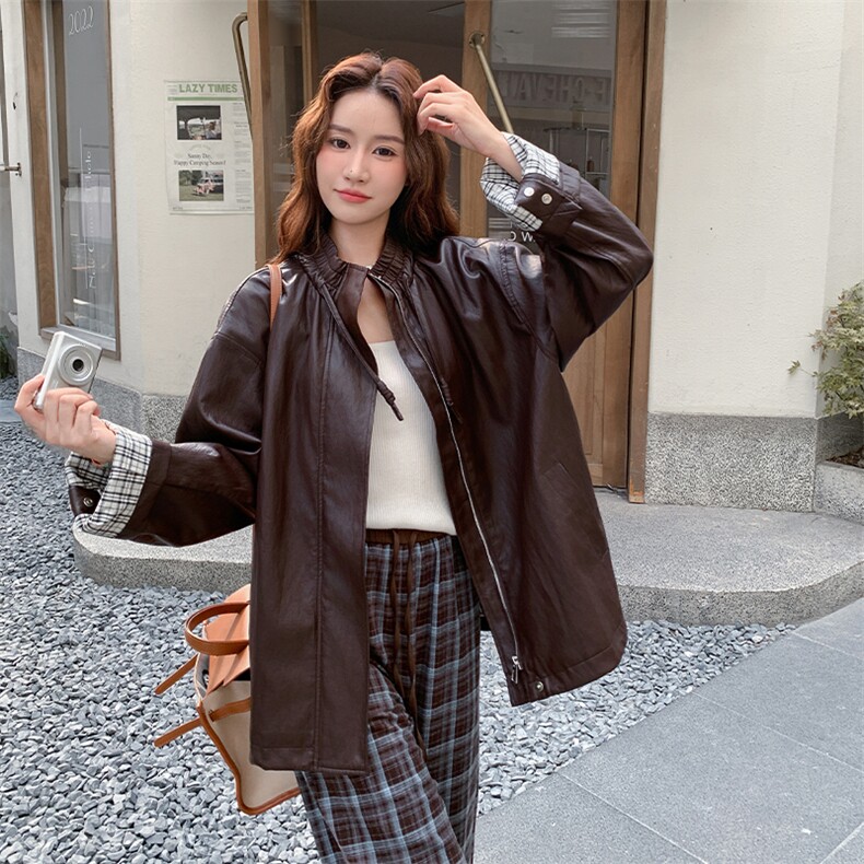 复古美式穿搭皮夹克上衣套装女春秋超火好看高级感格子长裤两件套,女装皮衣,2C209