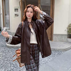 复古美式穿搭皮夹克上衣套装女春秋超火好看高级感格子长裤两件套，女装皮衣，2C209