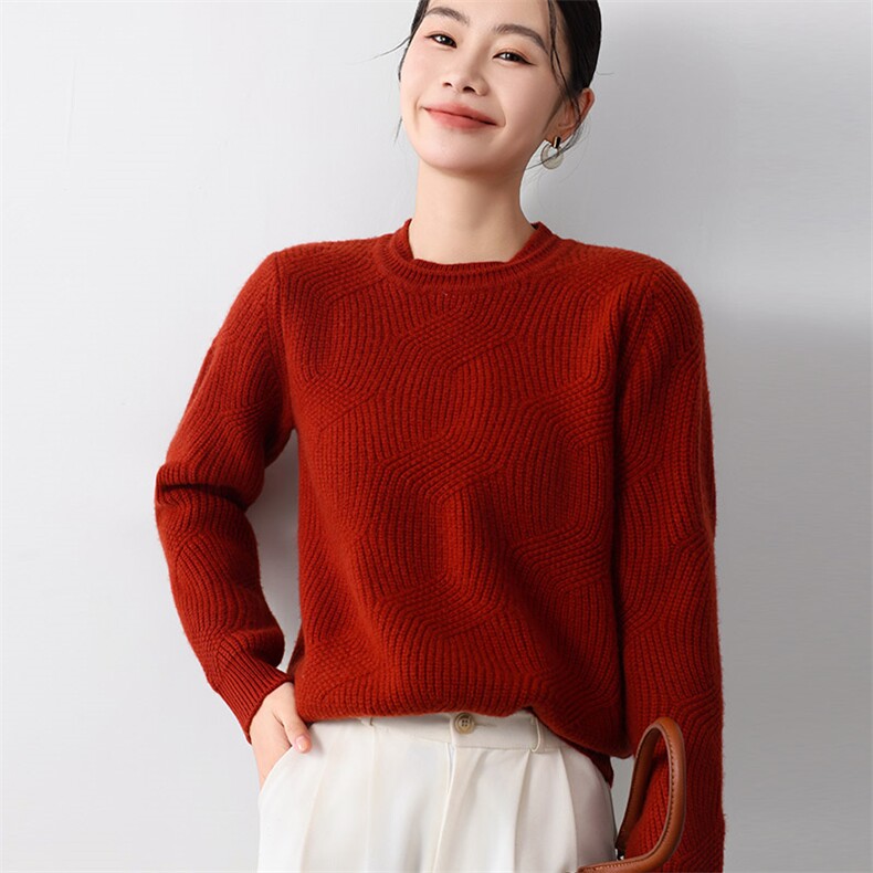 秋冬季新款舒适显瘦时尚百搭5针菱形格圆领羊毛衫,女装羊毛衫,琳尚羊绒
