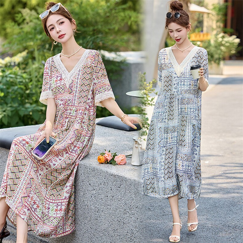 夏装新款天丝棉麻宽松舒适不规则印花连衣裙，女装连衣裙，姿衣坊