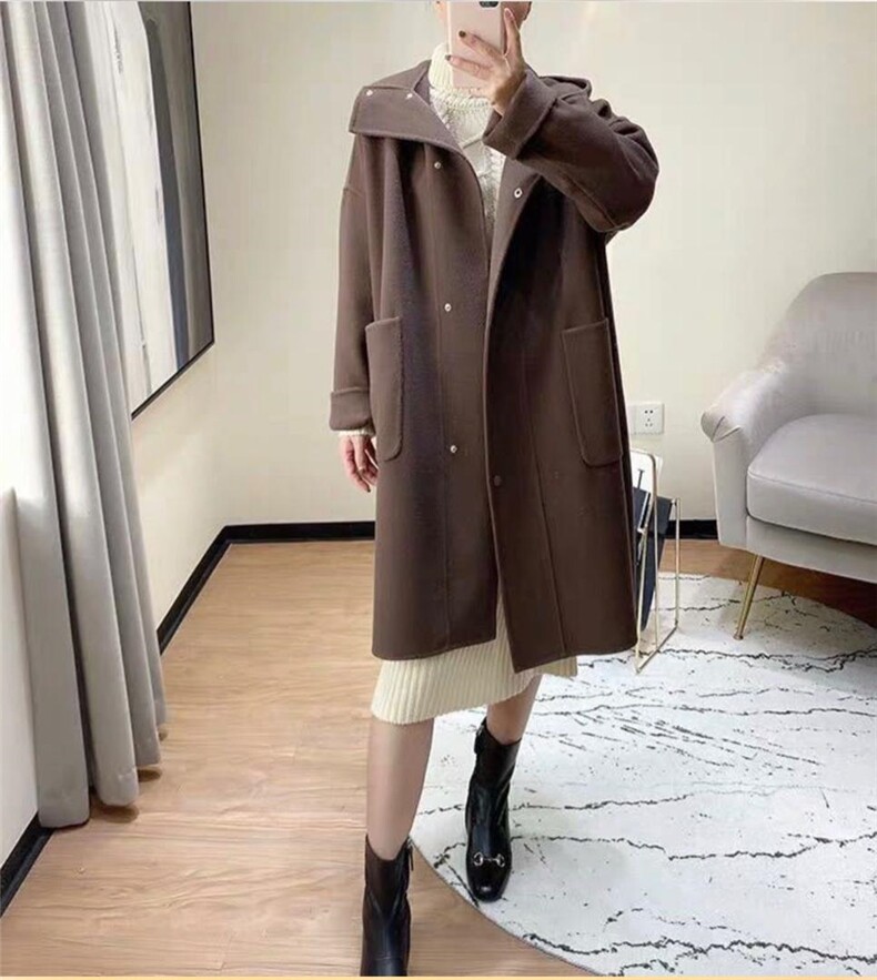 2022新款欧洲站连帽大口袋羊毛双面呢大衣,女装其它,L·H·X