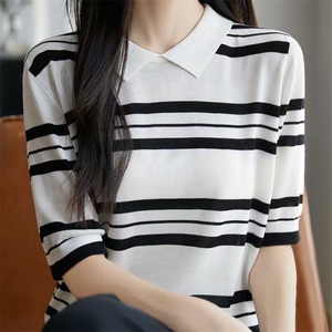夏款莱赛尔天丝娃娃领条纹短袖女半袖T恤Polo翻领针织衫上衣图片