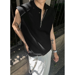 半拉链T恤男款夏季青少年铆钉无袖宽松圆领坎肩衣服美式运动背心图片