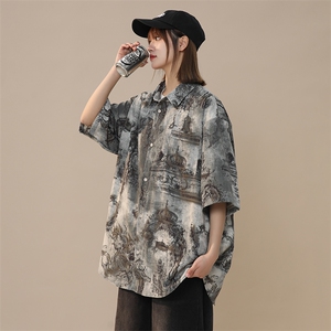 抖音品 复古夏季美式高街印染短袖衬衫男  225-2-CS806-P38 控55图片