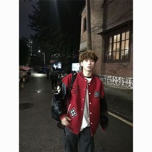 1506-1/JW9211/P45美式复古十字架棒球服字母红色新年外套拼接图片