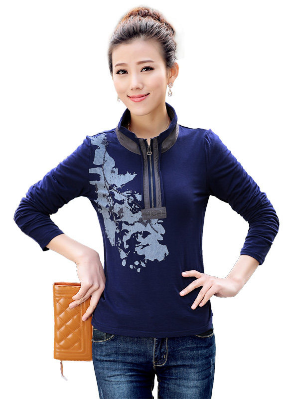 时尚印花长袖T恤女 修身显瘦半高领上衣 舒适百搭秋装新款图片