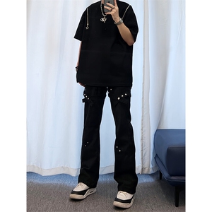 美式hiphop裤子交叉绑带黑色牛仔裤KZ05-P55图片