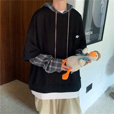 秋季港风chic假两件连帽卫衣男士韩版潮流百搭格子外套wy726-p38,男装卫衣,星座1008-2