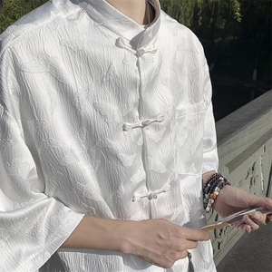 F258-P45 2024夏季新中式风盘扣衬衫男美式潮牌短袖衬衣 现货图片