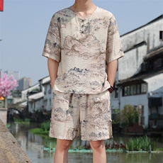 2025夏季新款男装风冰丝竹叶印花盘扣套装短袖+短裤A105-P80，男装休闲套装，电商B277(原6028)
