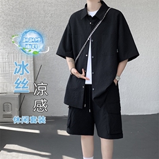特批P55无差价夏季休闲百搭泡泡纱大码冰丝两件套套装男TZ5585，男装休闲套装，电商A001-1