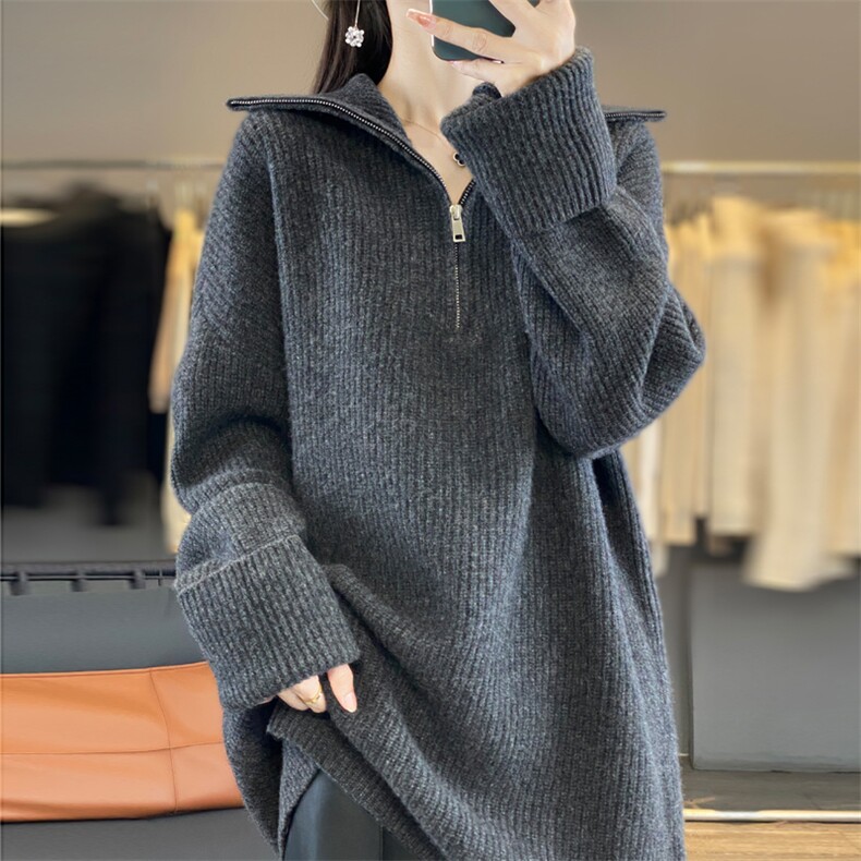 2025秋半拉链加厚羊毛衫女高领中长款宽松针织毛衣羊绒大码上衣,女装羊毛衫,邦太羊绒