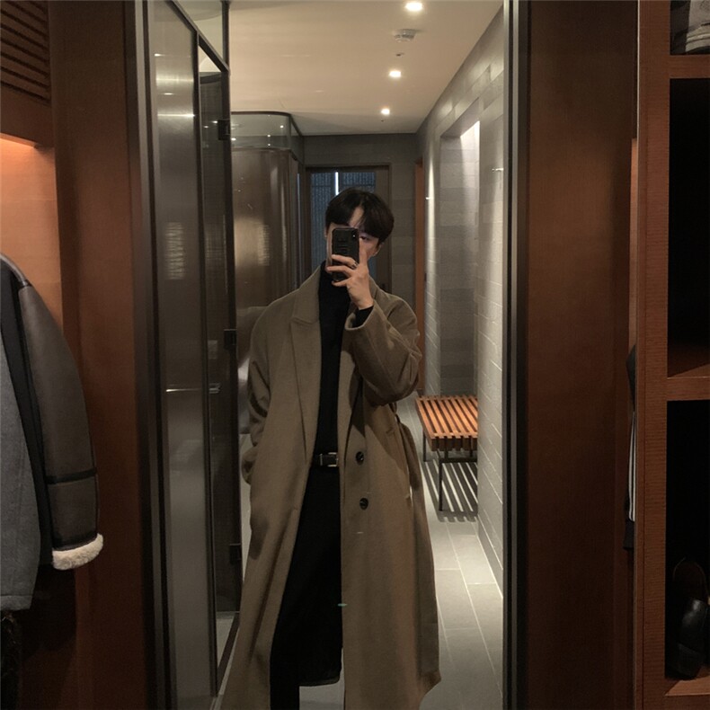 韩系中长款毛呢大衣男秋英伦风高街痞帅风衣复古潮流情侣呢子外套,男装风衣,星座710
