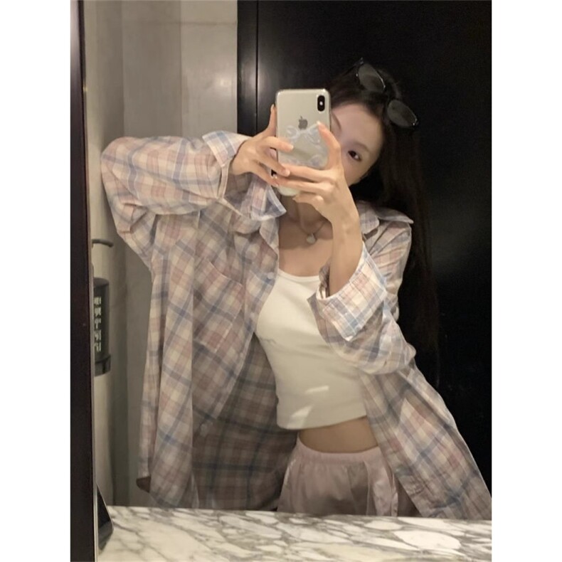 韩系慵懒风格子衬衫女大码中长款休闲外套上衣设计感长袖空调衫夏,男装衬衫,星座506A